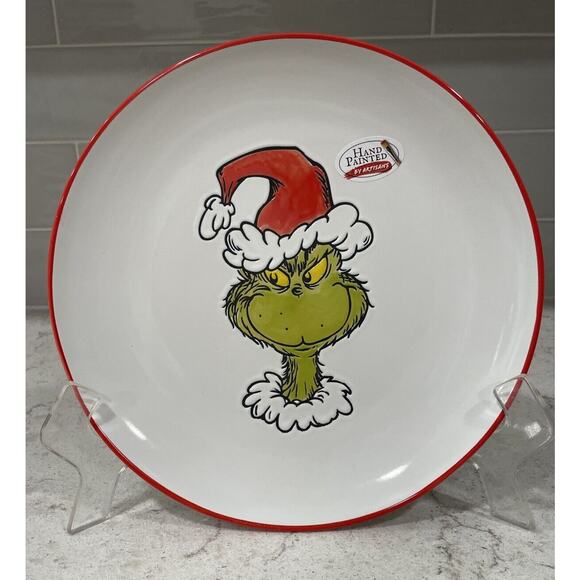 GRINCH Hand Painted Coupe 10” Dinner Plate Platter by Zrike Christmas Santa Hat - Picture 1 of 6